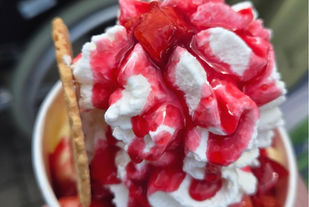 Krefeld: Eisbecher mit Erdbeeren, Waffel, Eis, Sahne und Sirup.